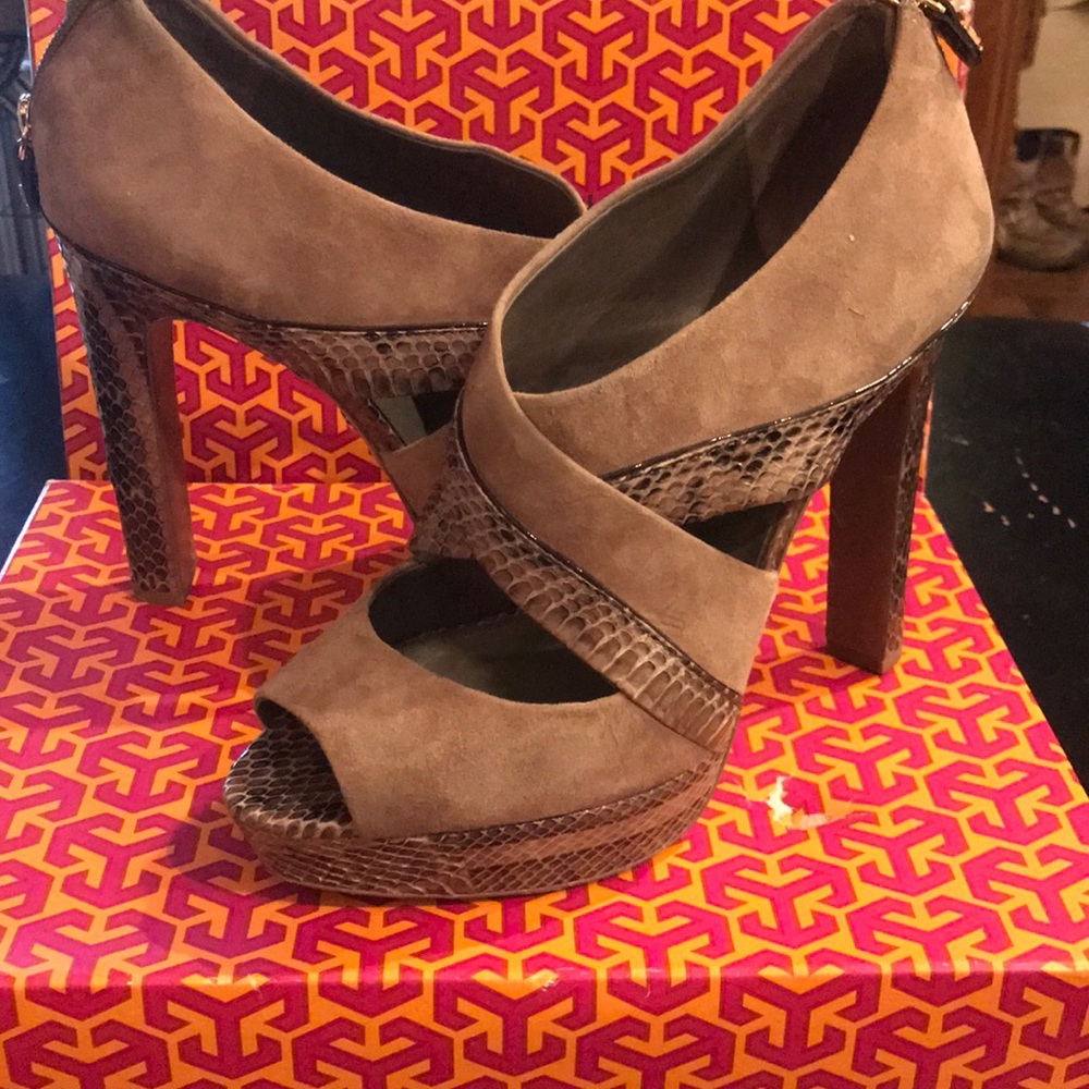 Tory Burch platform suede/snake heels
